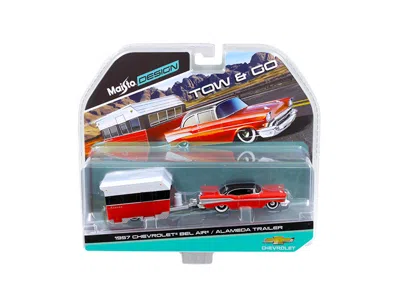 MAISTO 1957 CHEVROLET BEL AIR WITH ALAMEDA TRAILER RED TOW & GO 1/64 DIECAST MODEL BY MAISTO