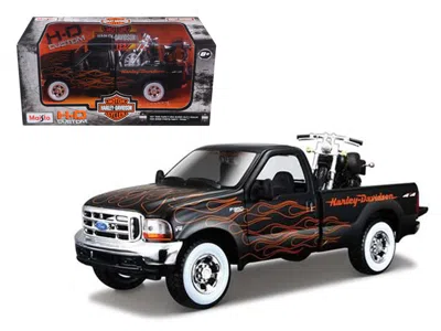 MAISTO 1999 FORD F-350 SUPER DUTY PICKUP BLACK WITH FLAMES 1/27 & 2002 HARLEY DAVIDSON FLSTB MOTORCYCLE NIG