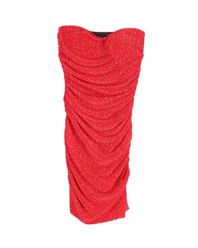 MAJE RUCHED POLKA DOT STRAPLESS MINI DRESS IN RED POLYESTER