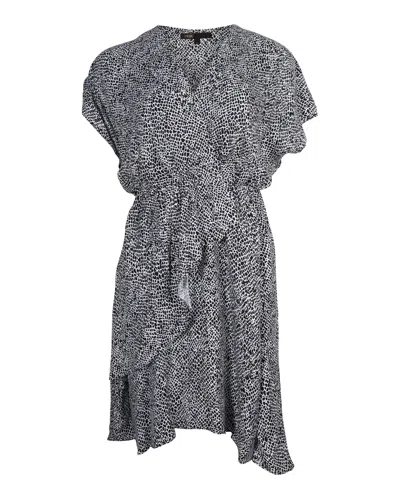 MAJE RUFFLED SURPLICE MINI DRESS IN BLACK AND WHITE CUPRO