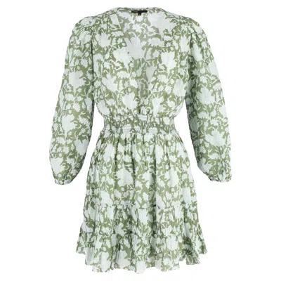 MAJE SHIRRED FLORAL PRINTED MINI DRESS IN GREEN COTTON