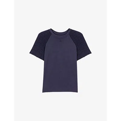 MAJE WOMENS BLEUS BRANDED TWEED-SLEEVED COTTON-JERSEY T-SHIRT