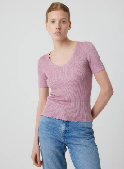 MAJESTIC MAJESTIC FILATURES VISCOSE METALLIC RIB SHORT SLEEVE SCOOPNECK