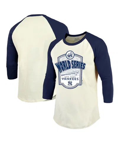 MAJESTIC MEN'S CREAM/NAVY NEW YORK YANKEES 2024 WORLD SERIES RAGLAN SOFTHAND 3/4-SLEEVE T-SHIRT