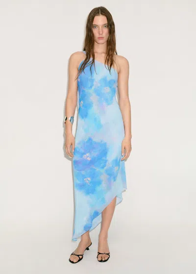 MANGO ASYMMETRICAL FLORAL SCARF DRESS BLUE