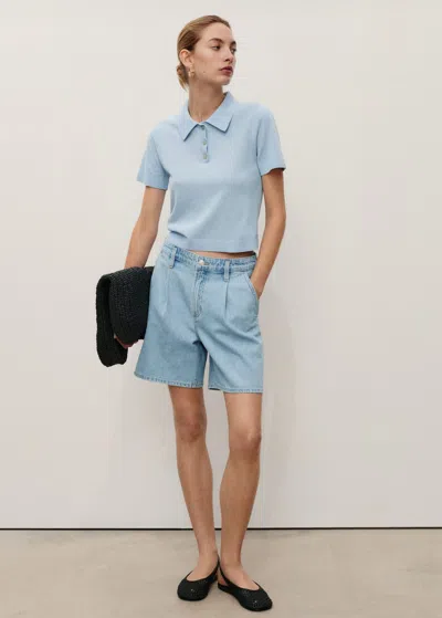 MANGO MID-RISE DENIM BERMUDA SHORTS WITH PLEATS LIGHT BLUE