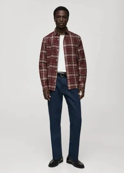 MANGO MAN 100% COTTON FLANNEL CHECKERED SHIRT BURGUNDY