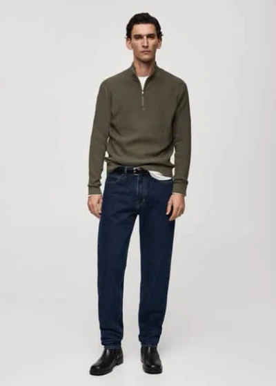 MANGO MAN PULL-OVER MAILLE CÔTELÉE COL ZIPPÉ KAKI - HOMME - XXL - MANGO MAN