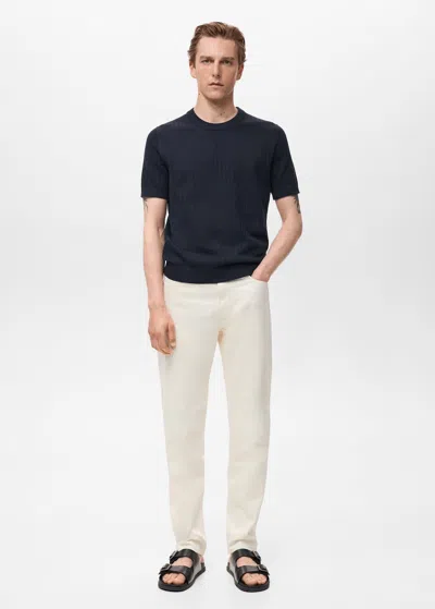 MANGO MAN STRIPED OPENWORK COTTON T-SHIRT NAVY