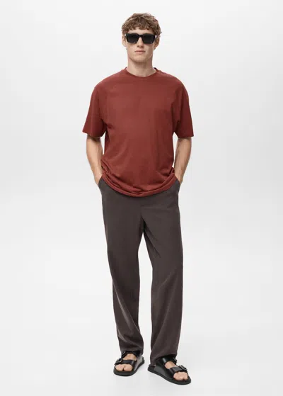 MANGO MAN RELAXED-FIT COTTON-LINEN T-SHIRT BURNT ORANGE