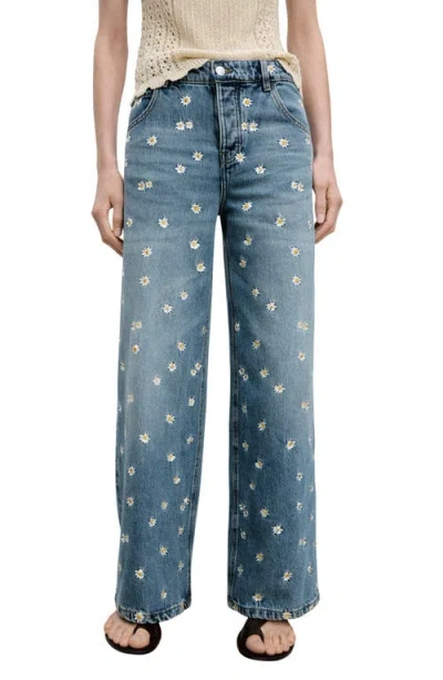 MANGO MANGO MASSY DAISY EMBROIDERED WIDE LEG JEANS