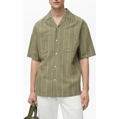 MANGO MANGO PINSTRIPE LINEN & COTTON BOWLING CAMP SHIRT