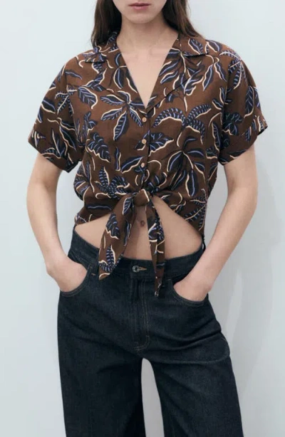 MANGO MANGO PRINT TIE HEM CROP SHIRT