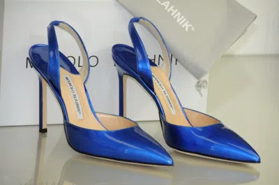 MANOLO BLAHNIK $645 MANOLO BLAHNIK CAROLYNE LIQUID COBALT BLUE PATENT BB SHOES 38 38.5 39