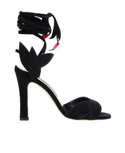 MANOLO BLAHNIK 95MM FLORAL-MOTIF LEATHER SANDALS