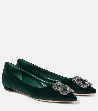 MANOLO BLAHNIK HANGISI EMBELLISHED VELVET BALLET FLATS