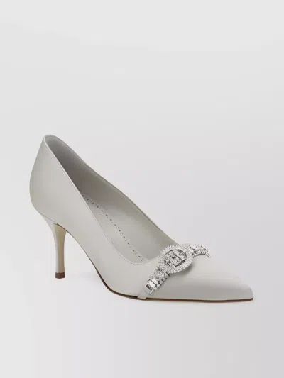 MANOLO BLAHNIK RHINESTONE BUCKLE SATIN PUMPS