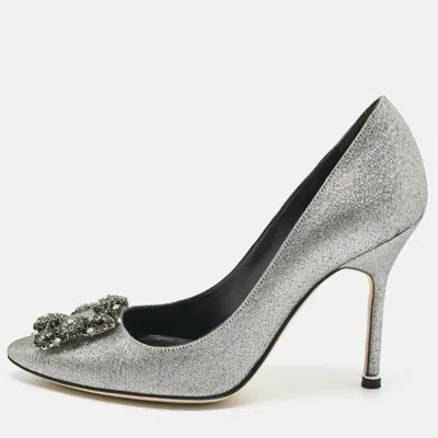 MANOLO BLAHNIK SILVER LUREX FABRIC HANGISI PUMPS SIZE 37.5