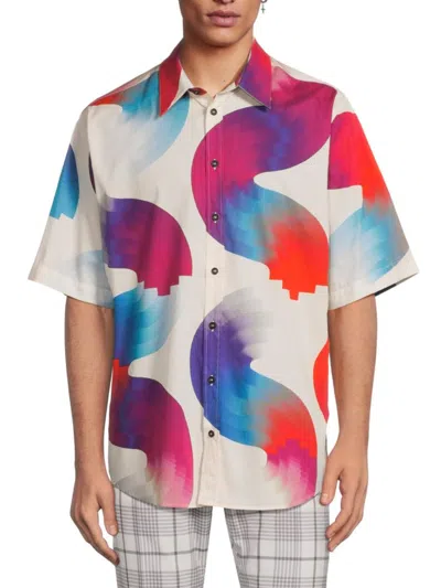 MARCELO BURLON COUNTY OF MILAN MEN'S CROSS WAVES PRINTED COTTON SHIRT