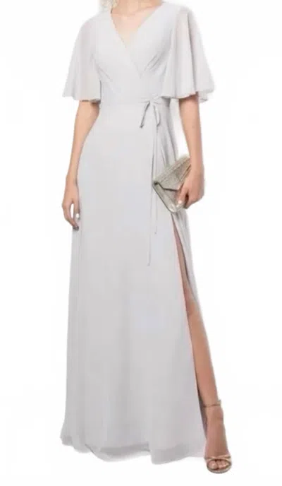 MARCHESA NOTTE BRIDESMAID'S ROME DRAPED-SLEEVE REAR-CUTOUT WRAP GOWN IN DOVE GREY