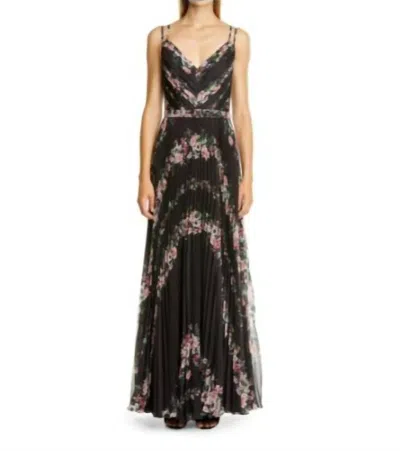 MARCHESA NOTTE FLORAL SLEEVELESS PLEATED CHIFFON GOWN IN BLACK