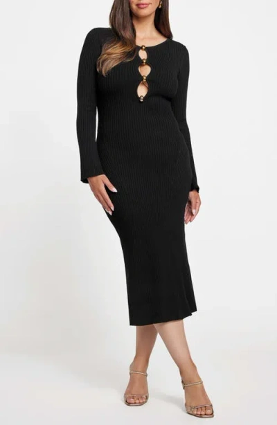 MARCIANO MARCIANO AGATHE CUTOUT DETAIL LONG SLEEVE RIB MIDI DRESS