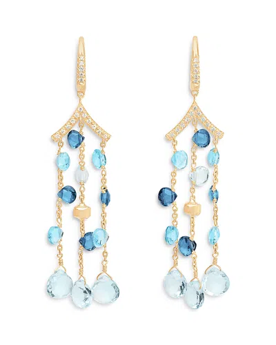MARCO BICEGO 18K YELLOW GOLD PARADISE TOPAZ LONDON BLUE TOPAZ, SWISS BLUE & DIAMOND THREE STRAND CHANDELIER DROP 