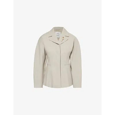 MARELLA WOMENS SAND MARELLA X EMILY RATAJKOWSKI ROUNDED SINGLE-BREASTED LINEN-BLEND BLAZER