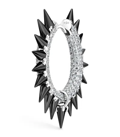 MARIA TASH WHITE GOLD BLACK MOISSANITE MOHAWK AND DIAMOND PAVÉ HOOP EARRING