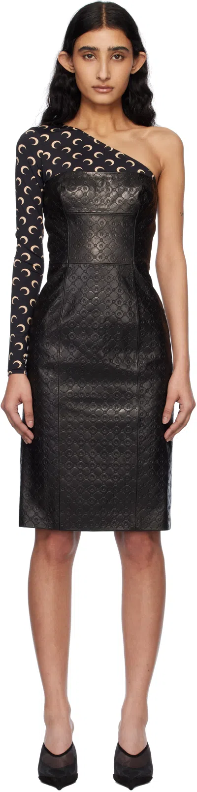 MARINE SERRE BLACK MOONOGRAM EMBOSSED LEATHER MIDI DRESS