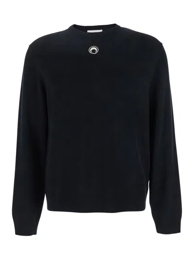 MARINE SERRE BLACK CREWNECK SWEATER WITH LOGO EMBROIDERY ON THE FRONT IN VISCOSE STRETCH MAN