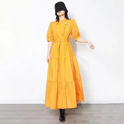 MARKENLOS DAMENKLEID ELEGANT GELB LANG GÜRTEL WEICH BOHOO BÖHMISCHE 91264