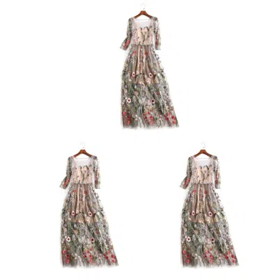 MARKENLOS FRAUEN LANGES BLUMEN-BESTICKTES KLEID HALBARM-TÜLLKLEID ELEGANTES, SCHMALES