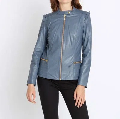 MARKENLOS LEDERJACKE MIT RÜSCHEN, NIETEN & RAFFUNG "RAUCHBLAU" GR. 36 9.2656