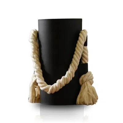 MARLETH MATTE BLACK CYLINDRICAL VASE WITH CREAM ROPE LEATHER WRAP & SCULPTURAL KNOT DETAIL