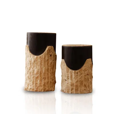 MARLETH BLACK / NEUTRALS SET OF TWO TRAVERTINE VASES FOR INTERIOR DISPLAY BEIGE STONE & BROWN LEATHER DETAIL