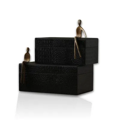 MARLETH BLACK / SILVER SET OF TWO BLACK CROC-EMBOSSED LEATHER BOX SET WITH BRASS SITTING FIGURES
