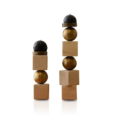 MARLETH NEUTRALS / BLACK / BROWN SET OF TWO HANDMADE TRAVERTINE CANDLEHOLDERS STACKED CUBE & BRASS SPHERE DE