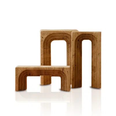 MARLETH NEUTRALS SET OF THREE HANDMADE TRAVERTINE SCULPTURES, BEIGE STONE & LAYERED ARCH FORM