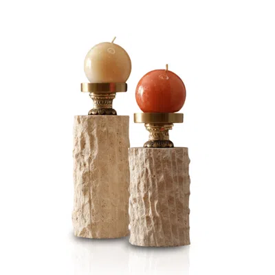 MARLETH NEUTRALS SET OF TWO HANDMADE TRAVERTINE CANDLE HOLDERS