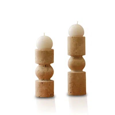 MARLETH NEUTRALS / WHITE SET OF TWO BEIGE TRAVERTINE CANDLE HOLDERS FOR TABLETOP STYLING, LAYERED BULB DESIG