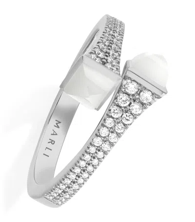 MARLI NEW YORK WHITE GOLD, DIAMOND AND WHITE AGATE CLEO RING