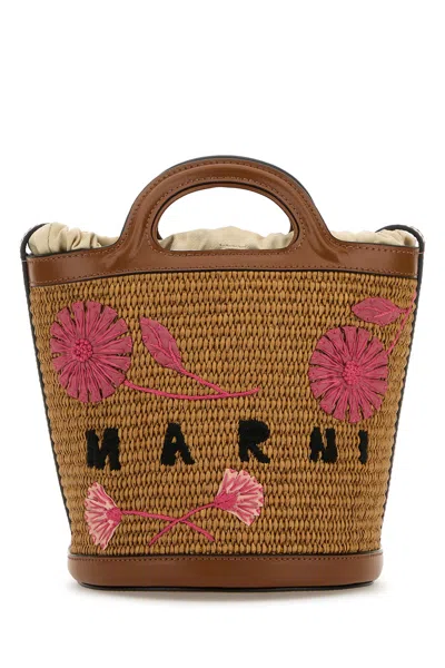 MARNI BROWN RAFFIA AND LEATHER TROPICALIA BUCKET BAG