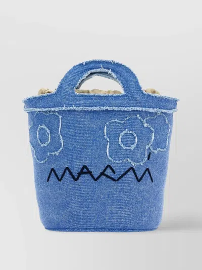 MARNI EMBROIDERED DENIM BUCKET BAG WITH FRAYED EDGES
