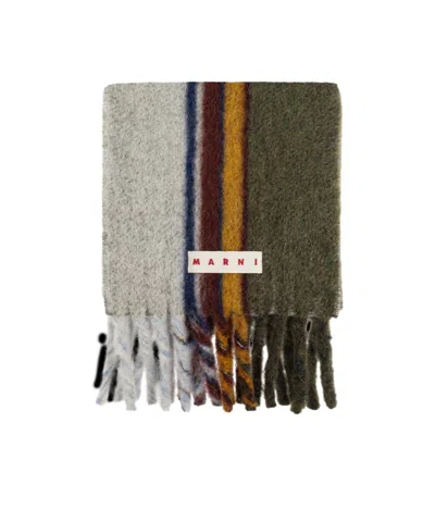 MARNI MARNI LOGO PATCH STRIPED KNIT FRINGED SCARF