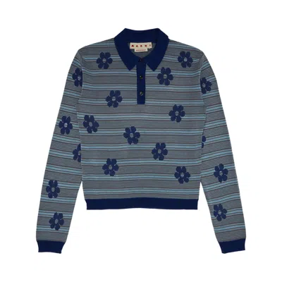 MARNI MARNI STRIPED FLOWERS LONG-SLEEVE POLO NECK 'MAZARINE BLUE' | WOMEN'S SIZE 40