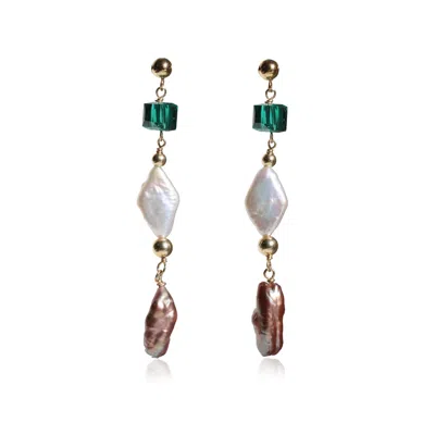 MARQUISE SWIM WOMEN'S GOLD / GREEN / PURPLE EARRINGS - TIFFANY LAMP GOLD PEARL & CRYSTAL