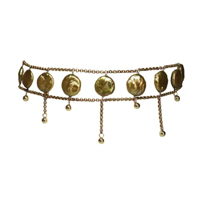 MARQUISE SWIM WOMEN'S WHITE / GOLD NECKLACE - GREEN COIN & GOLD PEARL EMPRESS CHOKER