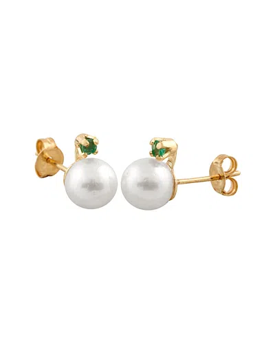 MASAKO PEARLS MASAKO PEARLS 14K 0.10 CT. TW. EMERALD & 7-8MM AKOYA PEARL EARRINGS