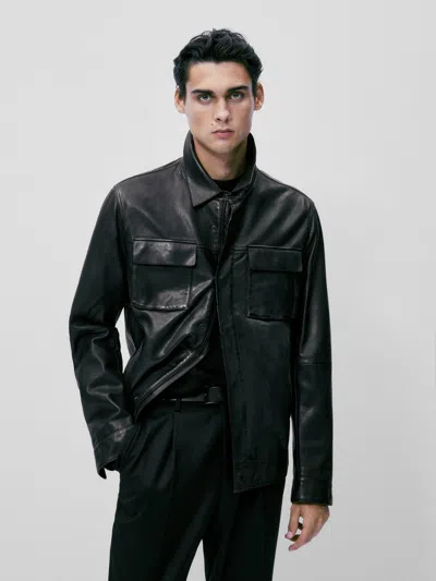 MASSIMO DUTTI MASSIMO DUTTI TUMBLED LEATHER JACKET 3302/223 BLACK S OVERSHIRT COAT SWEATER